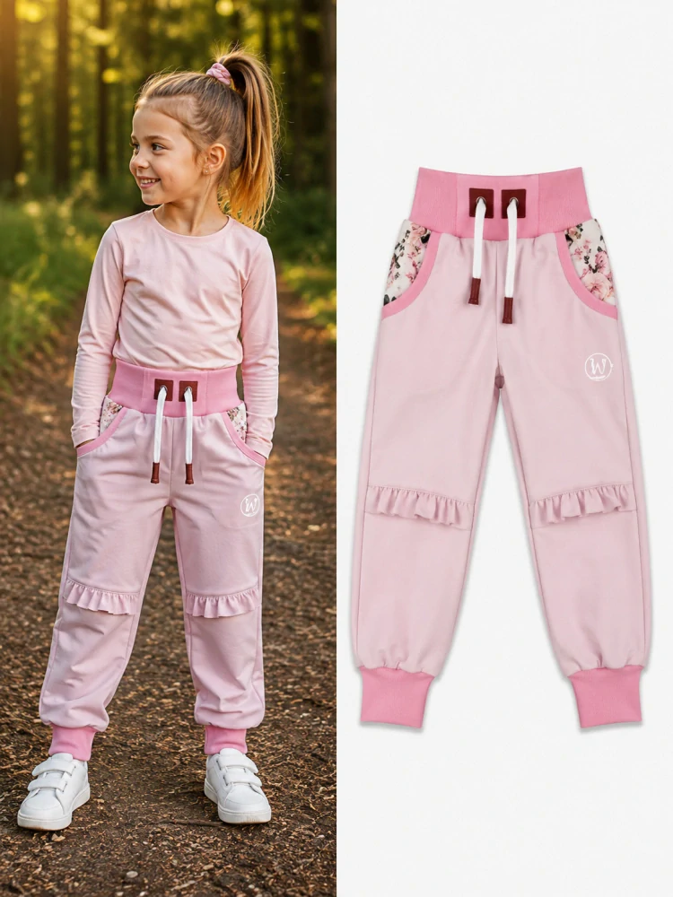 Softshellové kalhoty Premium -světle růžová + volánky a květy