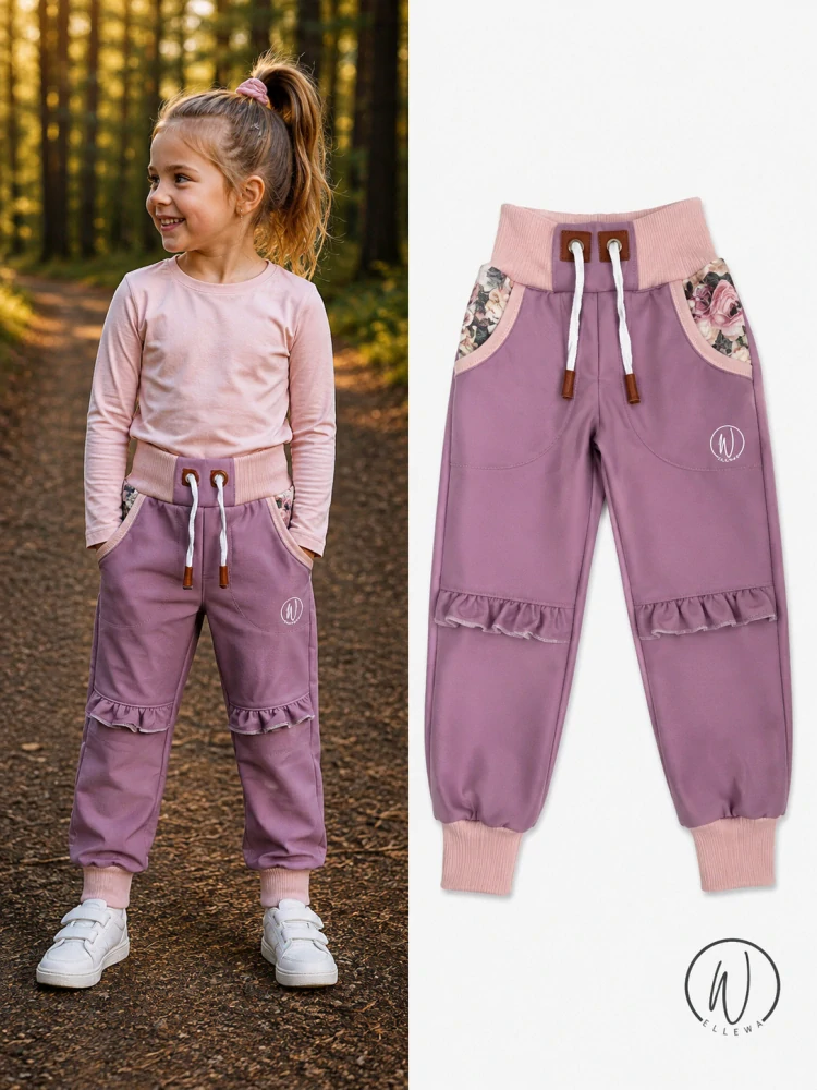 Softshellové kalhoty Premium-starofialová s volánky a květy