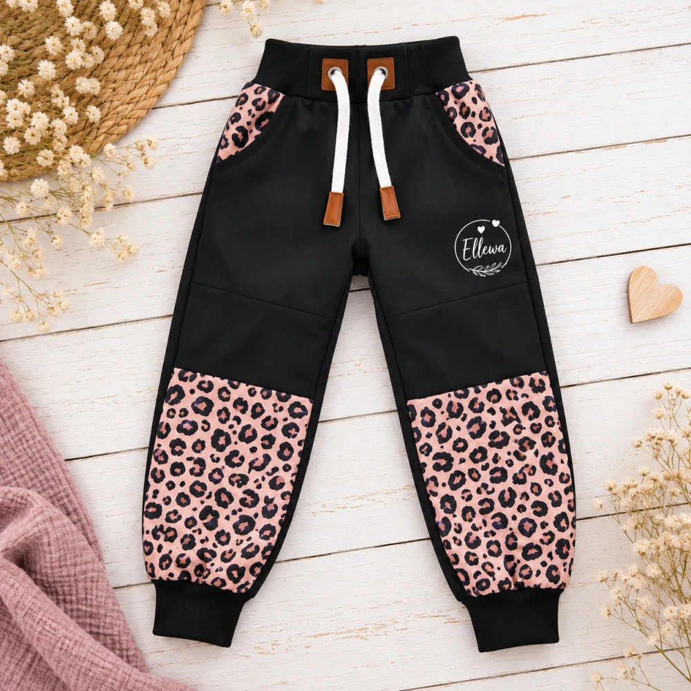 Softshellové kalhoty klasik -černá/růžový leopard