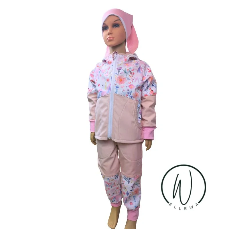 Softshellové kalhoty klasik-jednorožec a květy na bílé