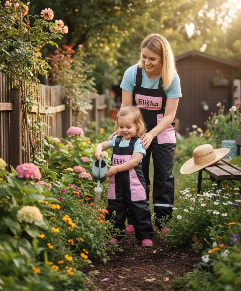 Montérky klasik černá + světle růžové kapsy - s potiskem