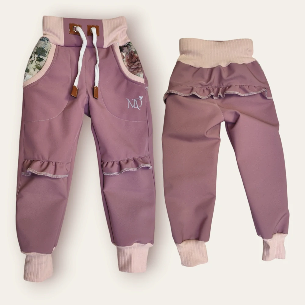 Softshellové kalhtoy PREMIUM/Beránek -starofialová s volánky a květy