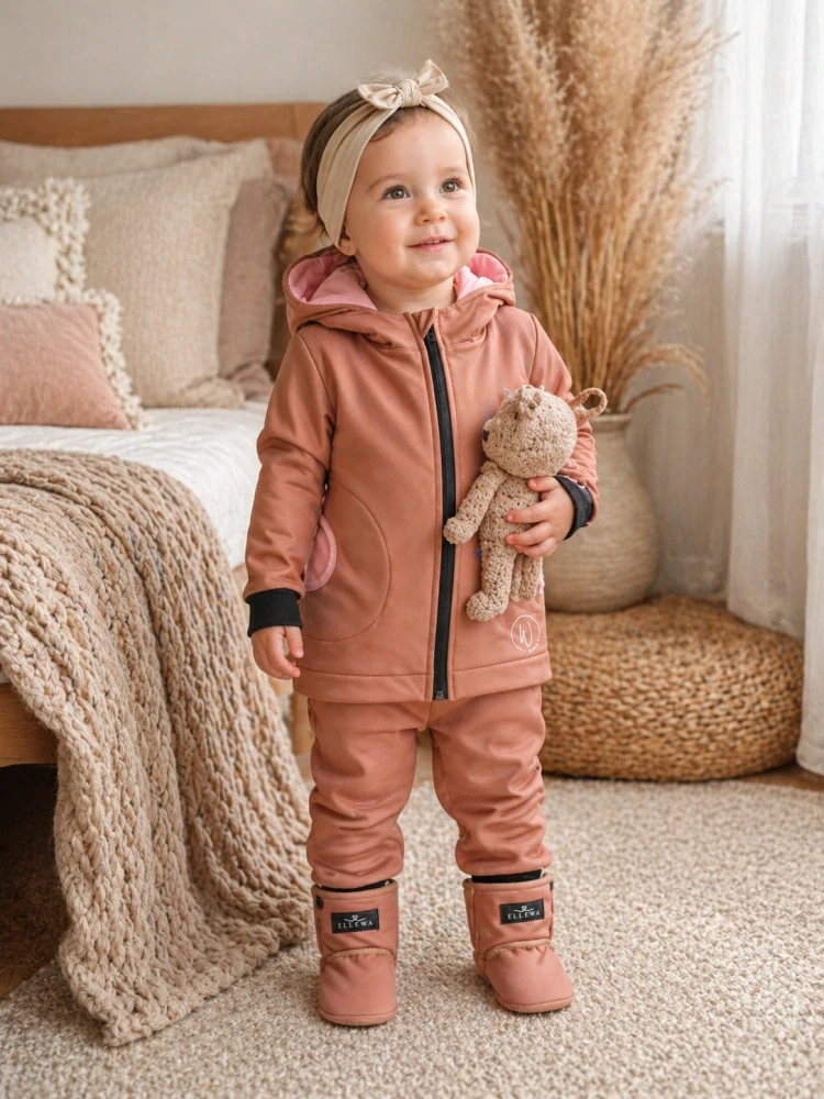 Softshellová bunda Premium -hnědá s oušky a růžový doplňky