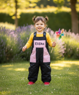 Montérky klasik černá + světle růžové kapsy - s potiskem