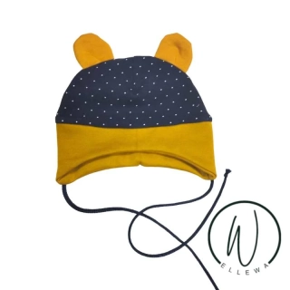 Čepička s oušky -modrý puntík/okrová