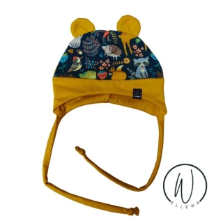 čepička s oušky-zvířátka na modré/okrová