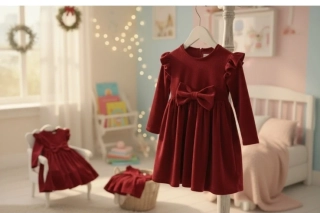 Dětské vánoční sametové šaty-červená