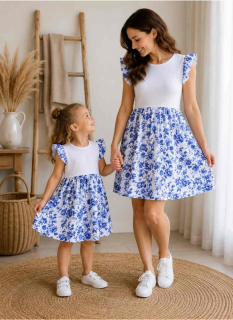 Šaty s volánky-Maminka a Dcera-blue flowers